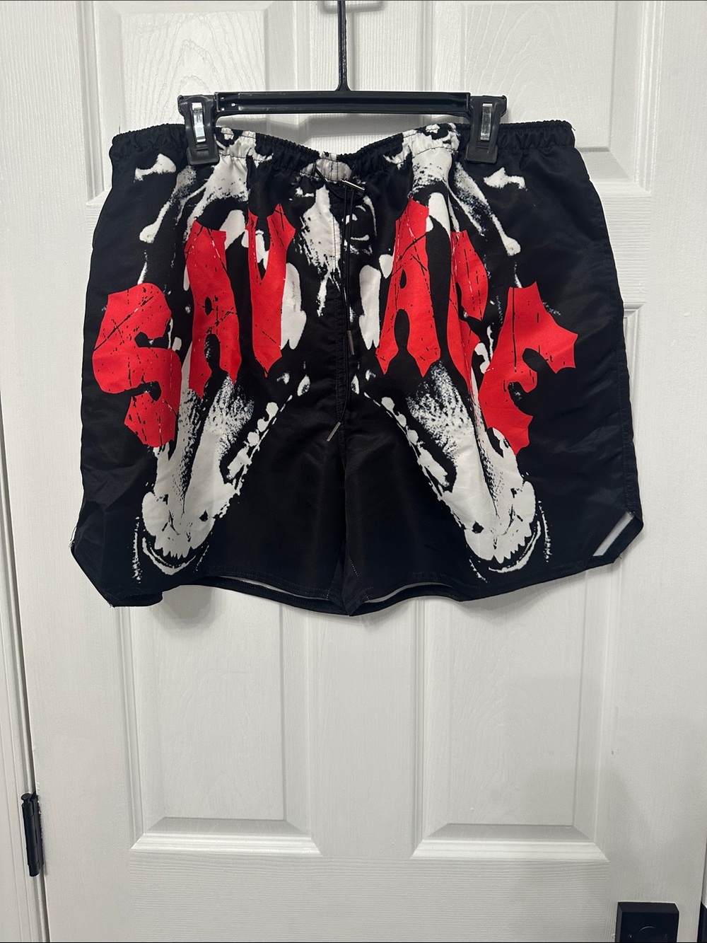 Black Graphic Swim Shorts with Red & White Print worn once